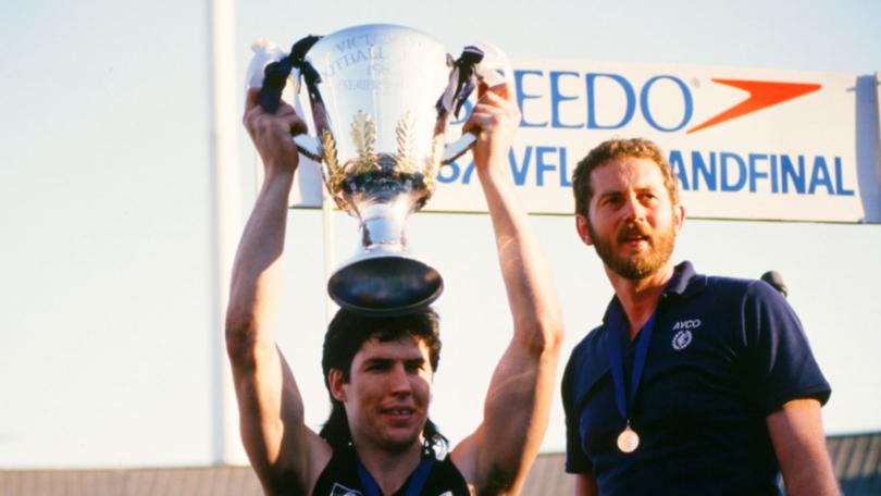 Carlton greats Stephen Kernahan and Robert Walls with the 1987 premiership cup.