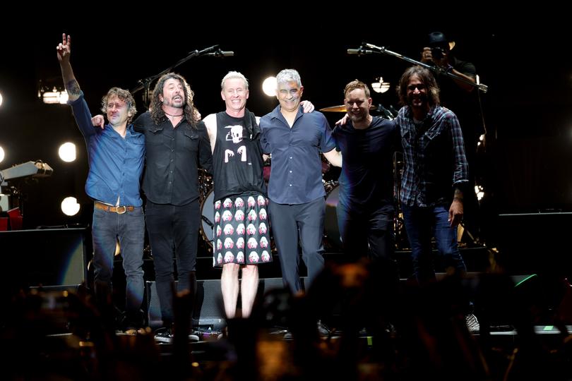 Chris Shiflett, Dave Grohl, Josh Freese, Pat Smar, Nate Mendel and Rami Jaffee from Foo Fighters during Sea.hear.now in 2023.