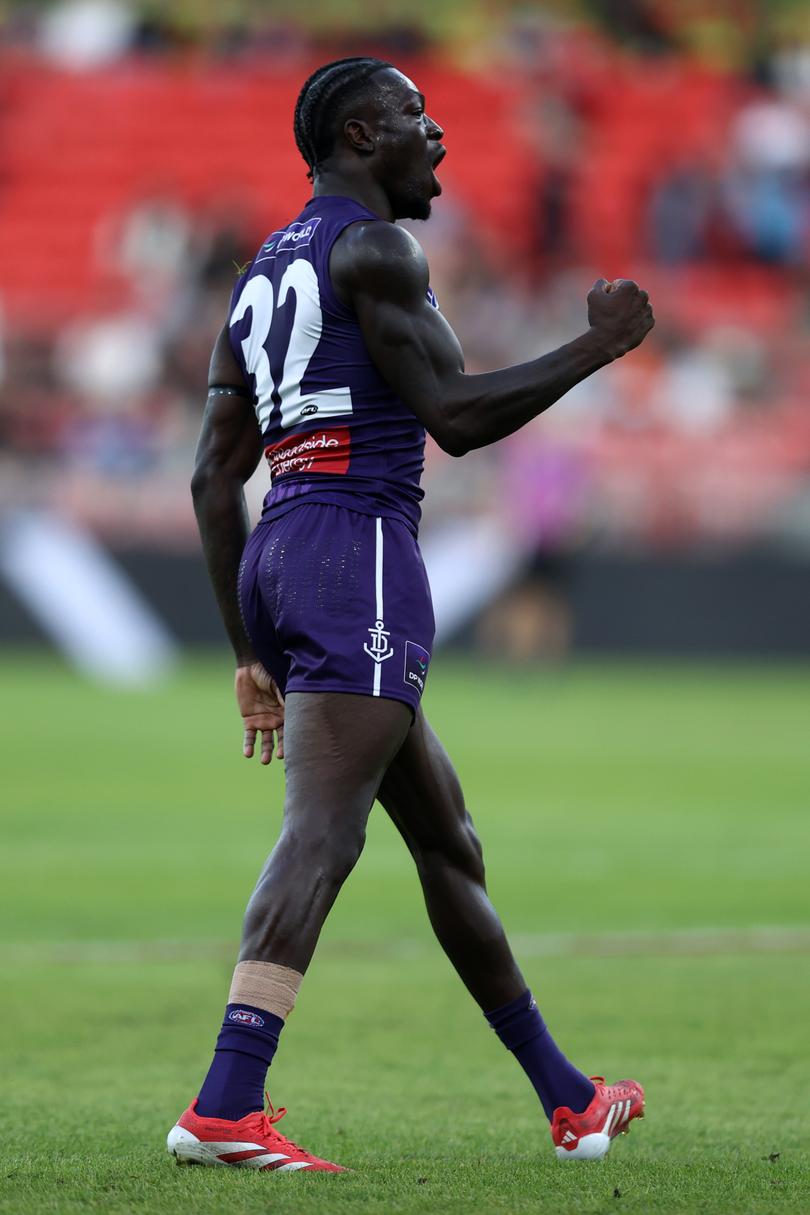 SYDNEY, AUSTRALIA - MAY 17: Michael Frederick of the Dockers celebrates kicking a goal during the round ten AFL match between GWS Giants v Walyalup (Fremantle Dockers) at ENGIE Stadium on May 17, 2025 in Sydney, Australia. (Photo by Jason McCawley/AFL Photos/Getty Images via AFL Photos)