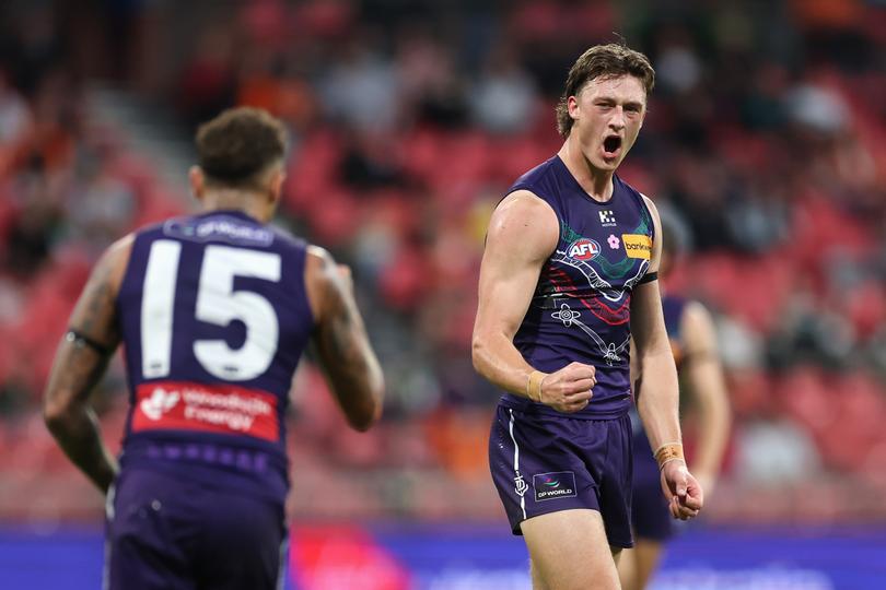 SYDNEY, AUSTRALIA - MAY 17: Jye Amiss of the Dockers celebrates kicking a goal during the round ten AFL match between GWS Giants v Walyalup (Fremantle Dockers) at ENGIE Stadium, on May 17, 2025, in Sydney, Australia. (Photo by Cameron Spencer/AFL Photos/Getty Images via AFL Photos)