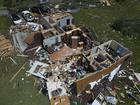 A home is destroyed after a severe storm passed the area on Saturday, May 17, 2025 in London, Ky. (AP Photo/Carolyn Kaster)
