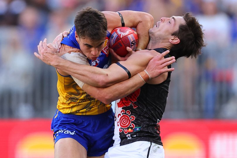 PERTH, AUSTRALIA - MAY 18: Jack Steele of the Saints tackles eduring the round ten AFL match between Waalitj Marawar (West Coast Eagles) and Euro-Yroke (Saint Kilda Saints) at Optus Stadium, on May 18, 2025, in Perth, Australia. (Photo by Paul Kane/Getty Images via AFL Photos)