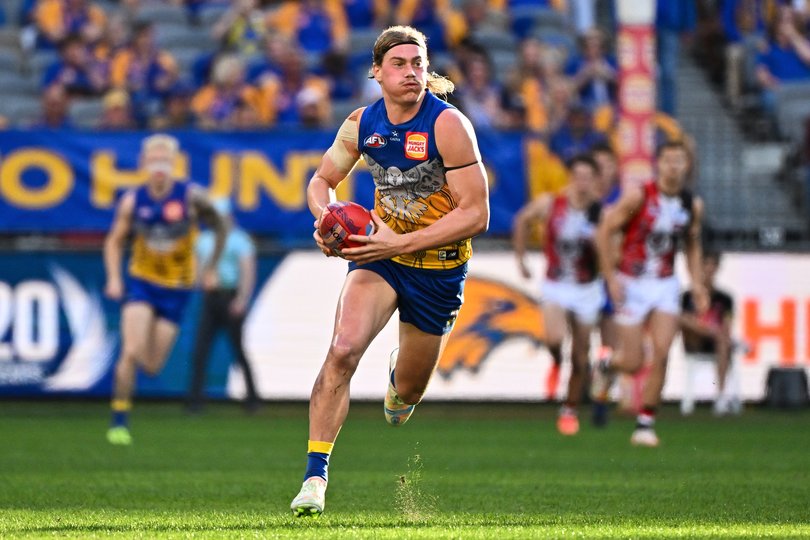 PERTH, AUSTRALIA - MAY 18: Harley Reid of the Eagles runs with the ball during the 2025 AFL Round 10 match between Waalitj Marawar (West Coast Eagles) and Euro-Yroke (St Kilda Saints) at Optus Stadium on May 18, 2025 in Perth, Australia. (Photo by Daniel Carson/AFL Photos)