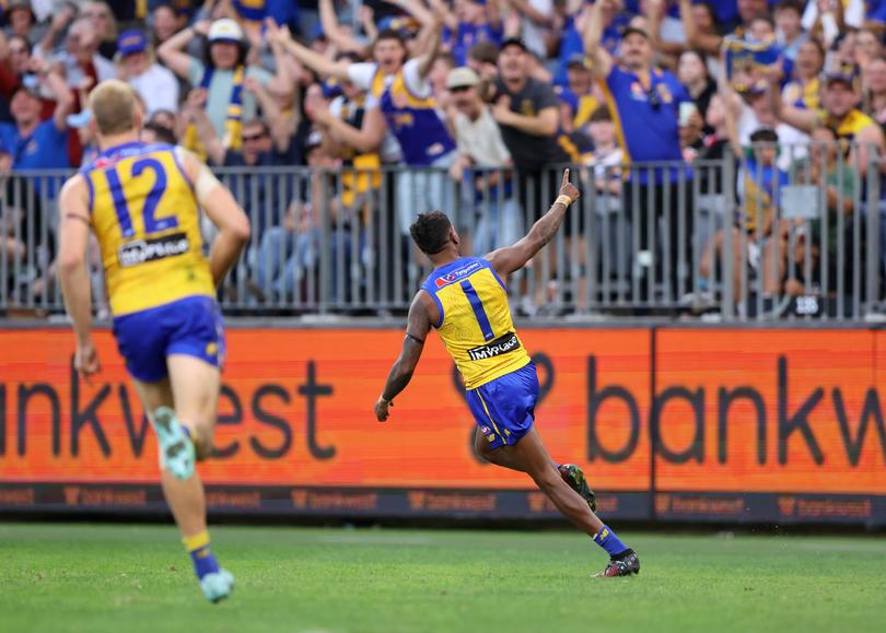 PERTH, AUSTRALIA - MAY 18: Liam Ryan of the Eagles celebrates a goal during the 2025 AFL Round 10 match between Waalitj Marawar (West Coast Eagles) and Euro-Yroke (St Kilda Saints) at Optus Stadium on May 18, 2025 in Perth, Australia. (Photo by Janelle St Pierre/AFL Photos)