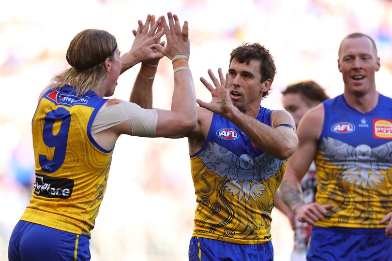 PERTH, AUSTRALIA - MAY 18: Jamie Cripps of the Eagles celebrates a goal during the round ten AFL match between Waalitj Marawar (West Coast Eagles) and Euro-Yroke (Saint Kilda Saints) at Optus Stadium, on May 18, 2025, in Perth, Australia. (Photo by Paul Kane/Getty Images via AFL Photos)