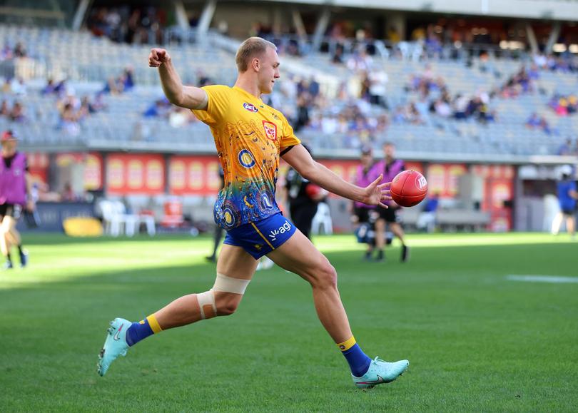 PERTH, AUSTRALIA - MAY 18: Oscar Allen of the Eagles warms up during the 2025 AFL Round 10 match between Waalitj Marawar (West Coast Eagles) and Euro-Yroke (St Kilda Saints) at Optus Stadium on May 18, 2025 in Perth, Australia. (Photo by Janelle St Pierre/AFL Photos)