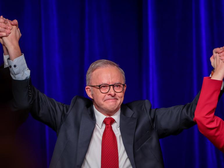 Prime Minister Anthony Albanese delivers his victory speech after winning the elections on May 03, 2025.