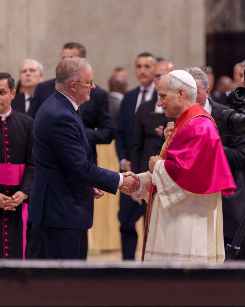 Australian Prime Minister Anthony Albanese (centre) joins other world leaders at the Inauguration Mass of Pope Leo XIV at St Peters Square in Vatican City. Picture: