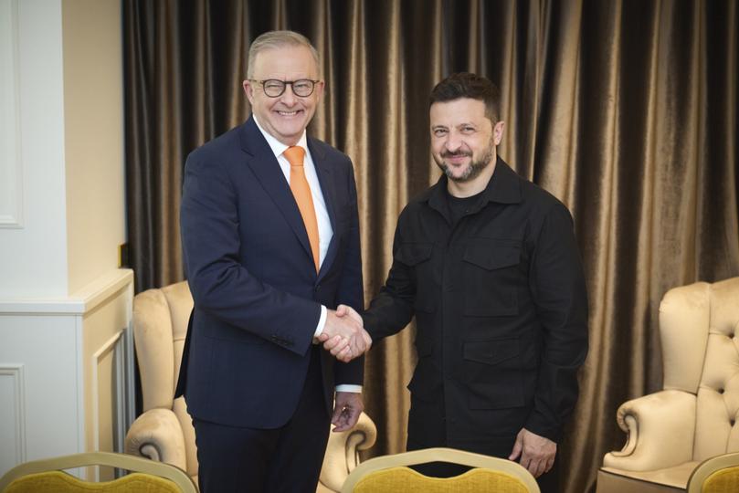 Ukrainian President Volodymyr Zelensky and Australian Prime Minister Anthony Albanese attend their meeting in Rome.