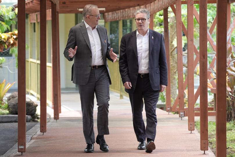 Prime Minister Sir Keir Starmer talking with Australian Prime Minister Anthony Albanese after their bilateral meeting during the Commonwealth Heads of Government Meeting in Samoa.