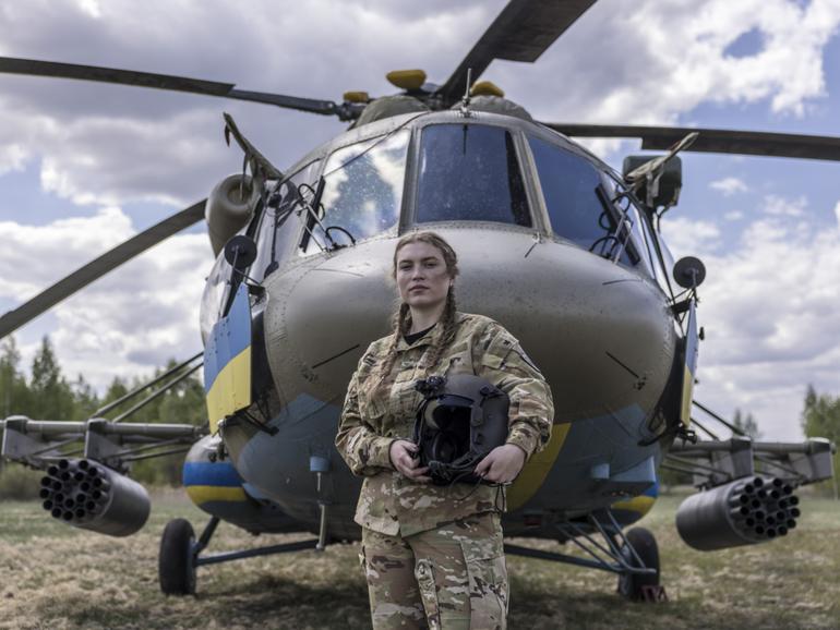 Kateryna, a senior lieutenant and the Ukrainian Army’s only female combat pilot, in eastern Ukraine after a mission, April 30, 2025. The country’s military says it wants more women fighting, but sexism remains an obstacle, activists and female soldiers say. 