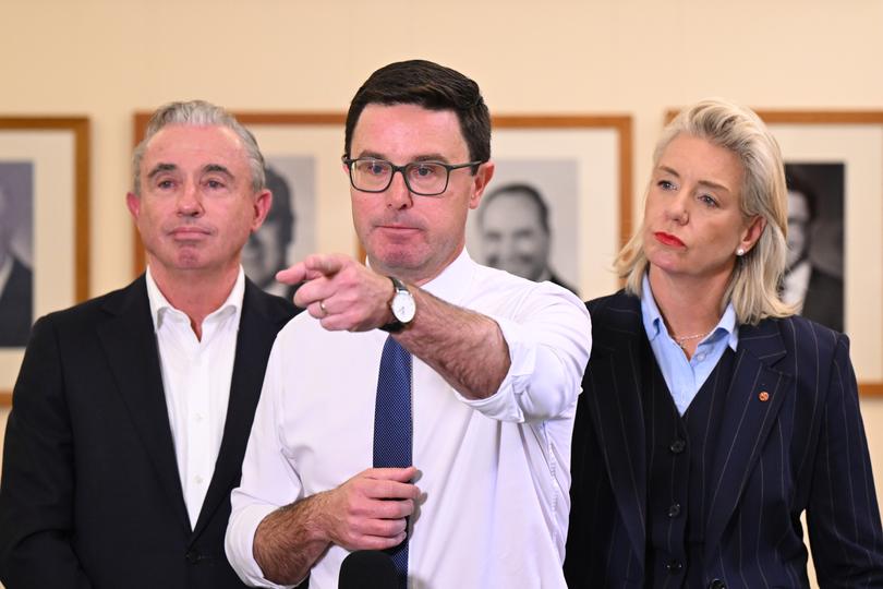Nationals Leader David Littleproud, Nationals Deputy Leader Kevin Hogan and Nationals Senate Leader Bridget McKenzie speak to the media during a press conference at Parliament House in Canberra, Tuesday, May 20, 2025. (AAP Image/Lukas Coch) NO ARCHIVING