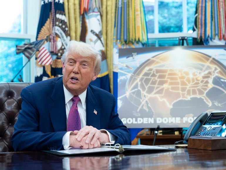 US President Donald Trump reveals the plans for his ambitious Golden Dome missile defence shield in the Oval Office.