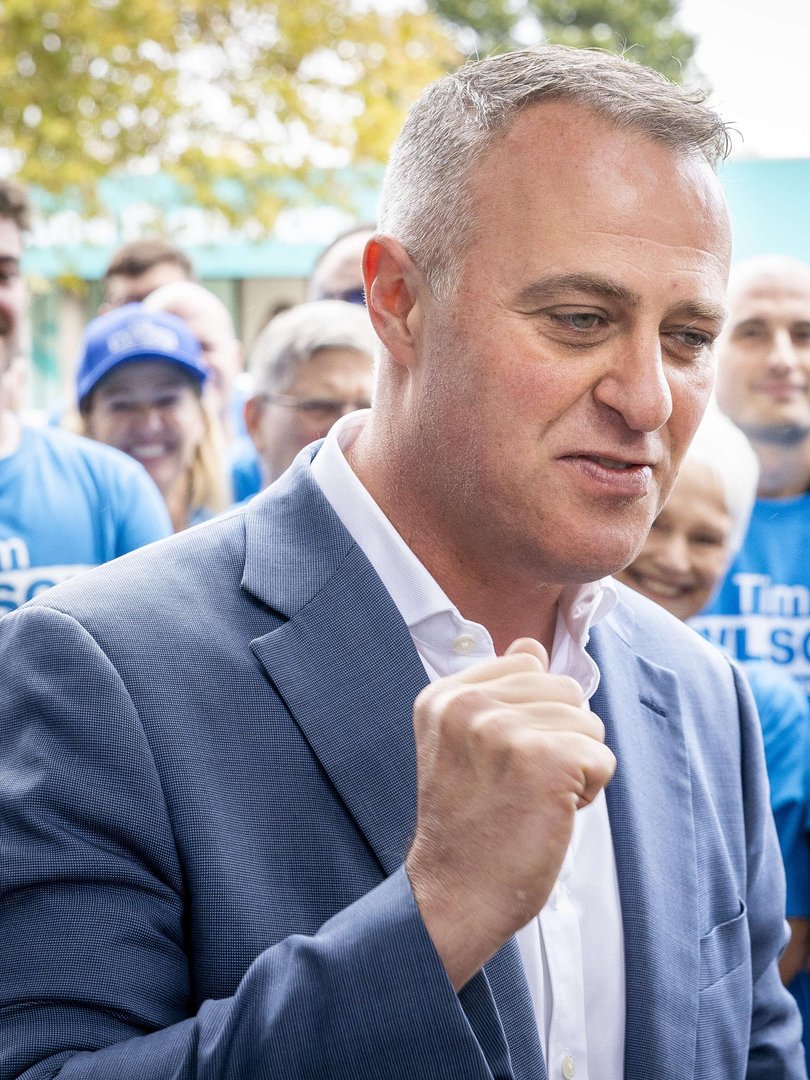 Liberals candidate, Tim Wilson celebrates after defeating Independent Zoe Daniel in the seat of Goldstein. Picture: Jake Nowakowski