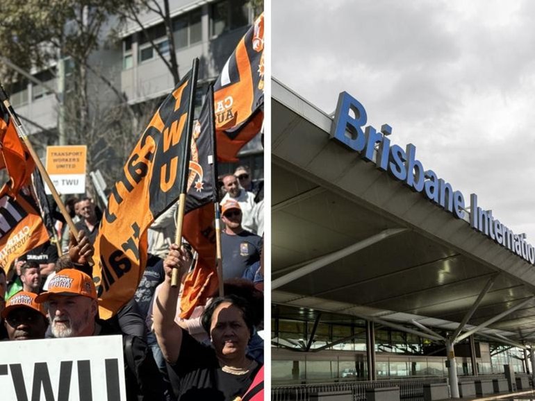 Union-affiliated workers marched at Brisbane Airport in demand for “decent standards” in aviation - calling on airports, governments and regulators to put fair standards in place.
