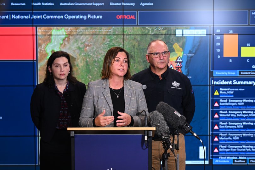 Australian Minister for Emergency Management Kristy McBain speaks to the media during a press conference in the National Situation Room in Canberra, Thursday, May 22, 2025. (AAP Image/Lukas Coch) NO ARCHIVING