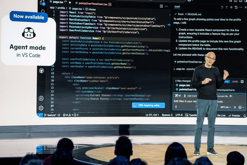 Microsoft CEO Satya Nadella speaks during an event highlighting Microsoft Copilot agents, the company's AI tool, in April.