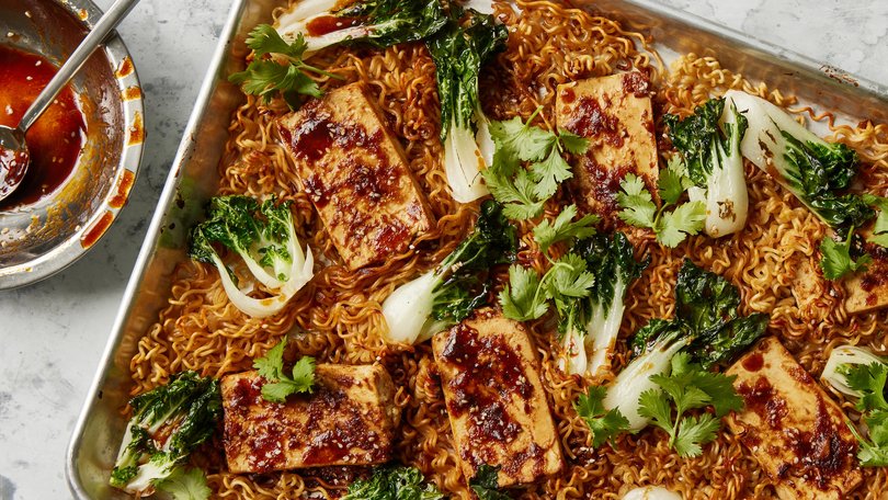 Crispy sheet-pan noodles with glazed tofu. Food styled by Barrett Washburne.