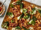 Crispy sheet-pan noodles with glazed tofu. Food styled by Barrett Washburne.  