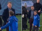 Kane Cornes and Luke Beveridge share words before Thursday night’s blockbuster.