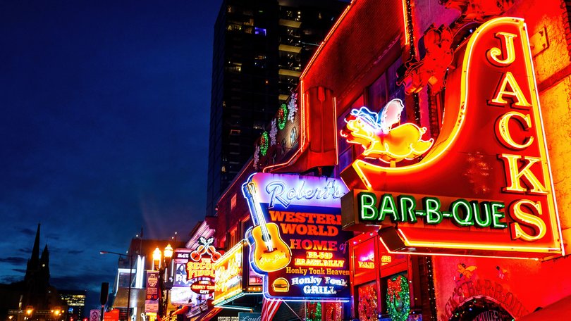 The neon signs of blues clubs on Beale Street in downtown Nashville.