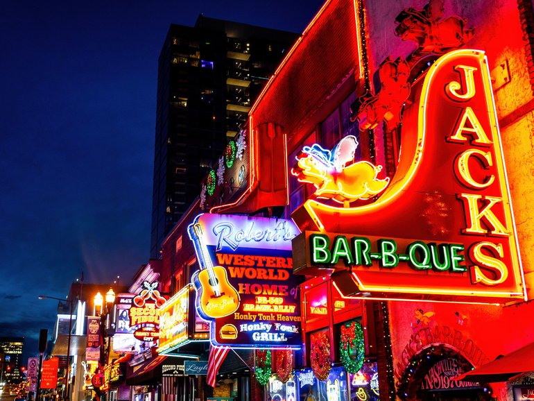 The neon signs of blues clubs on Beale Street in downtown Nashville.
