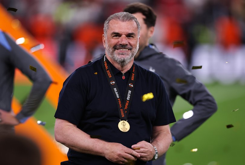 Ange Postecoglou, Manager of Tottenham Hotspur, celebrates after his team's victory.