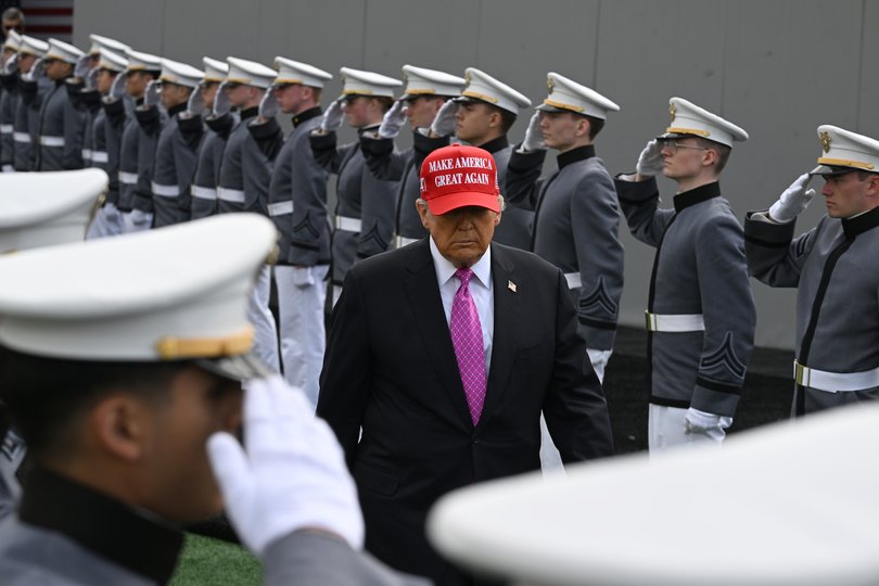 President Donald Trump arrives to give his address.