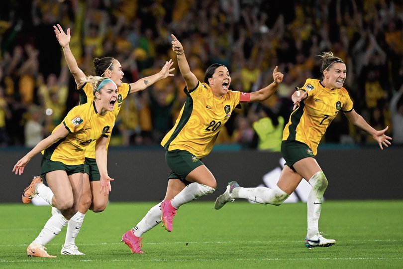 Ellie Carpenter, Caitlin Foord, Sam Kerr and Steph Catley react after Cortnee Vine kicked a successful penalty goal to defeat France in the FIFA Women's World Cup.