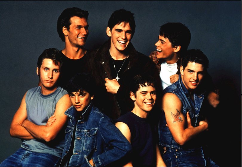Tom Cruise in 1983 movie The Outsiders, alongside Emilio Estevez, Patrick Swayze, Ralph Macchio, Matt Dillon, C. Thomas Howell and Rob Lowe.