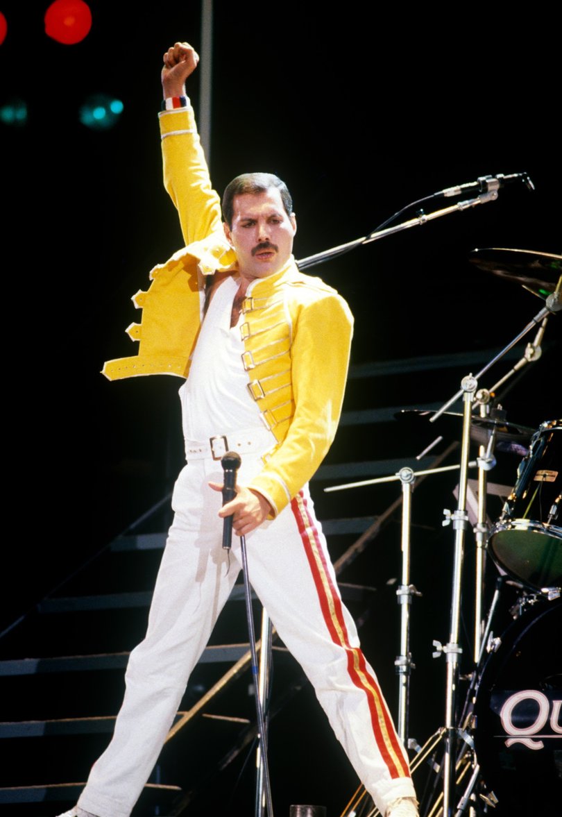 Freddie Mercury of the band Queen at Live Aid on July 13, 1985 in London, United Kingdom.