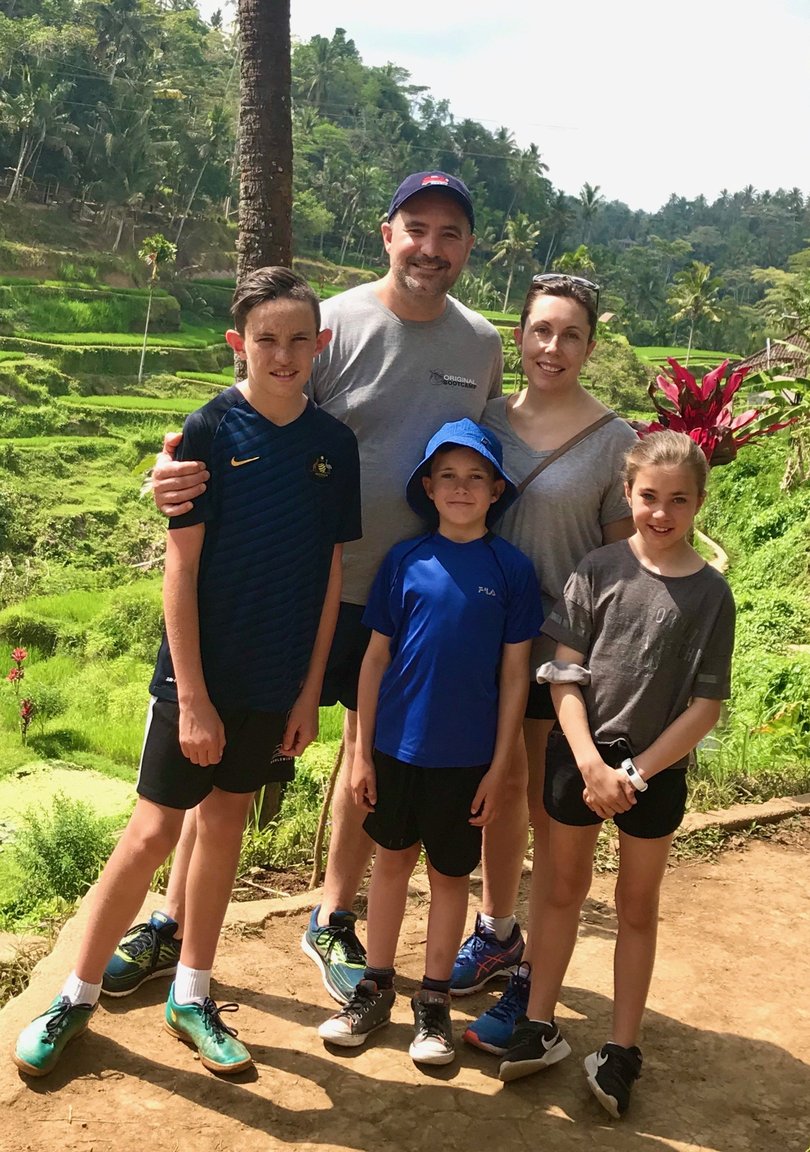 A family photo of Aaron, Nina and their three children Ben, Luisa and Gabe on a holiday.