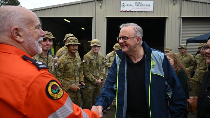 Prime Minister Anthony Albanese meets members of the Australian Defence Force and SES at SES headquarters during a visit to the flood effected region of Taree.