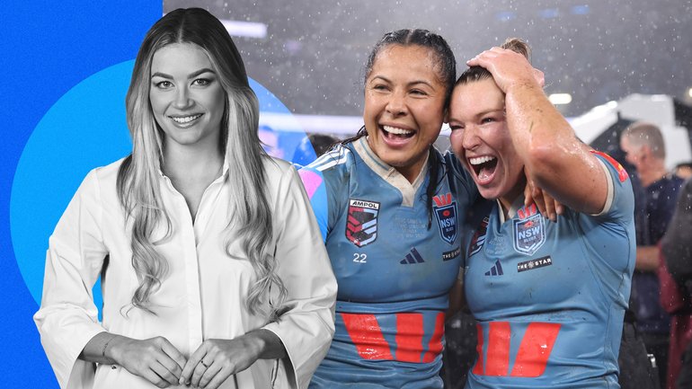 Tiana Penitani Gray and Emma Verran celebrate the Blues’ series win.