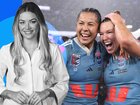 Tiana Penitani Gray and Emma Verran celebrate the Blues’ series win.
