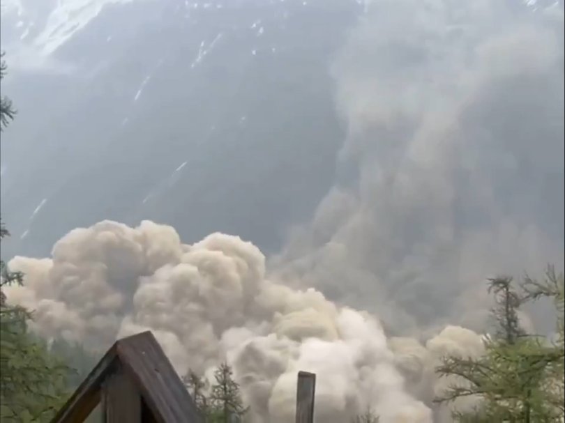 An avalanche from the Birch glacier covers buildings in Blatten, Switzerland, 28 May 2025. A number of houses were destroyed in the village of Blatten, but no casualties have been reported, according to authorities. Picture: Unknown