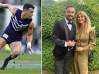 Ryan Crowley playing for the Fremantle Dockers (L) and with his ex-girlfriend Lauren Dunn.
