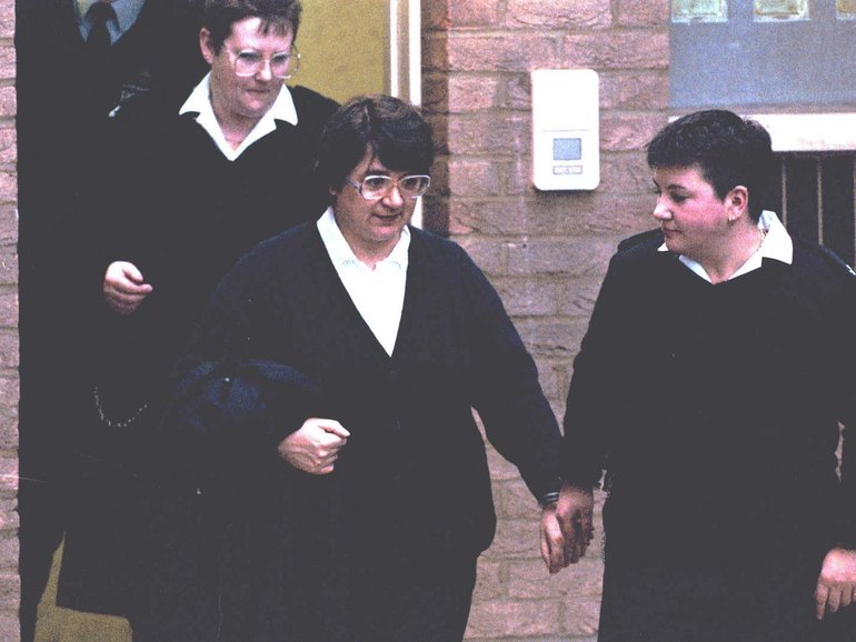Rose West (centre) photographed after appearing at Gloucester Magistrates Court in early 1995. 