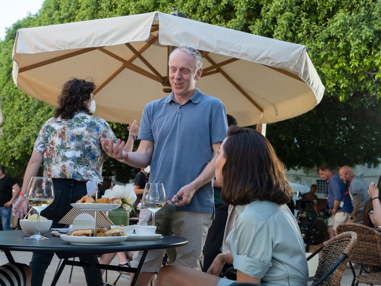 Mike White on the set of the first season of The White Lotus.