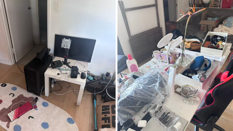 Yelkovan set up the desktop computer to listen to music and repurposed a bottle as a vase.