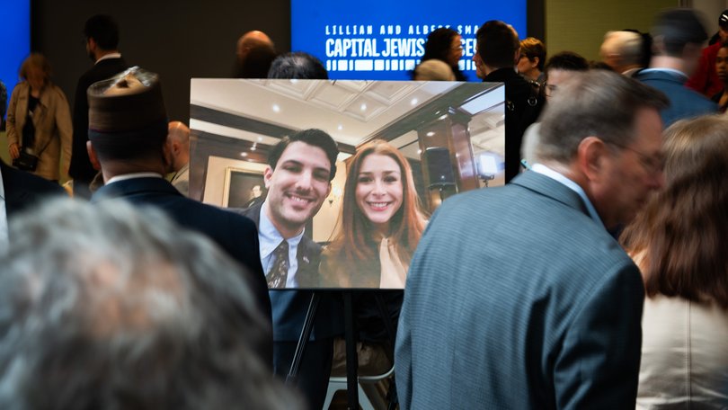 A picture of the slain Yaron Lischinsky, 30, and Sarah Lynn Milgrim, 26, seen at the reopening of the Capital Jewish Museum on Thursday.