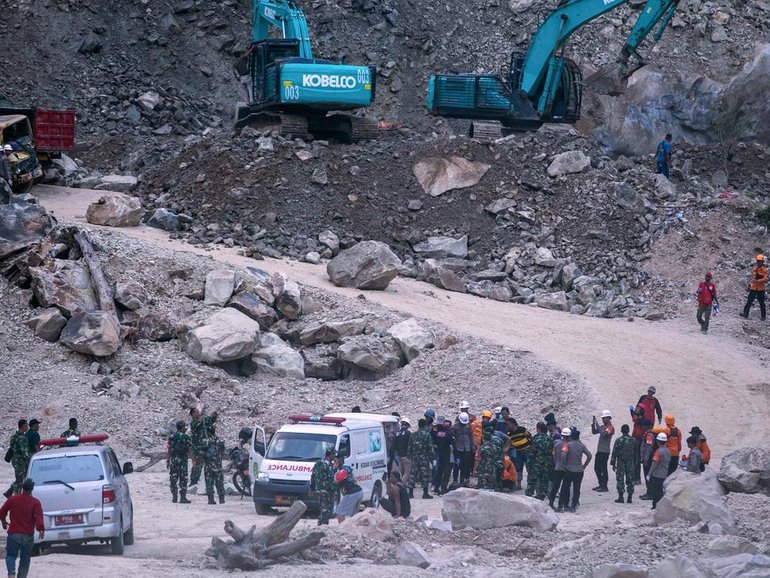 Rescuers are searching for victims after a quarry collapsed in West Java province, Indonesia.