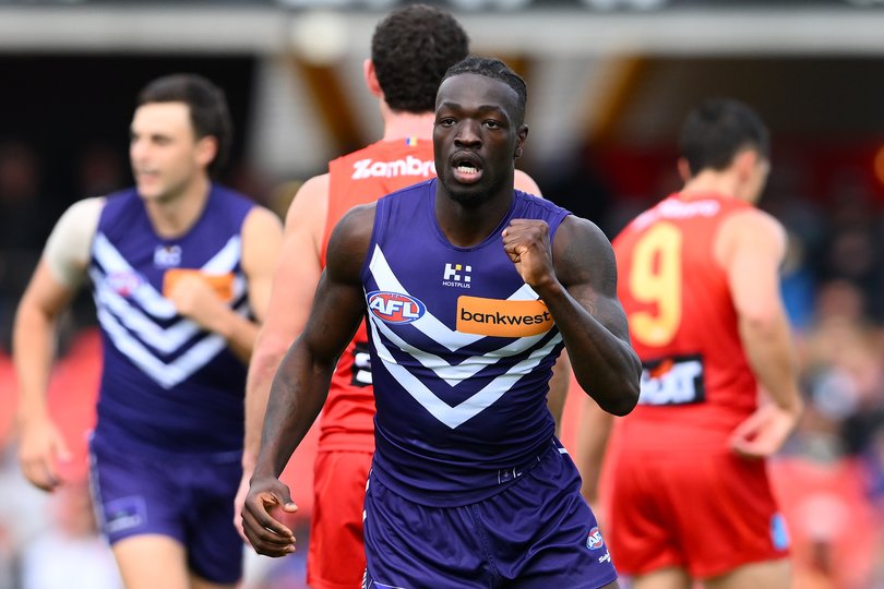 GOLD COAST, AUSTRALIA - MAY 31: Michael Frederick of the Dockers celebrates kicking a goal during the round 12 AFL match between Gold Coast Suns and Fremantle Dockers at People First Stadium, on May 31, 2025, in Gold Coast, Australia. (Photo by Matt Roberts/AFL Photos)