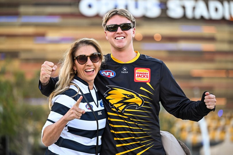 PERTH, AUSTRALIA - JUNE 01: Fans show support for their team during the 2025 AFL Round 12 match between the West Coast Eagles and the Geelong Cats at Optus Stadium on June 1, 2025 in Perth, Australia. (Photo by Daniel Carson/AFL Photos)