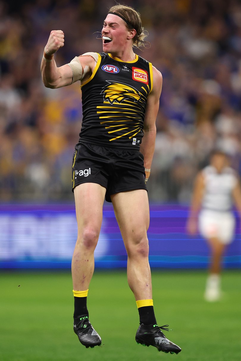 PERTH, AUSTRALIA - JUNE 01: Harley Reid of the Eagles celebrates a goal during the round 12 AFL match between West Coast Eagles and Geelong Cats at Optus Stadium, on June 01, 2025, in Perth, Australia. (Photo by Paul Kane/Getty Images via AFL Photos)