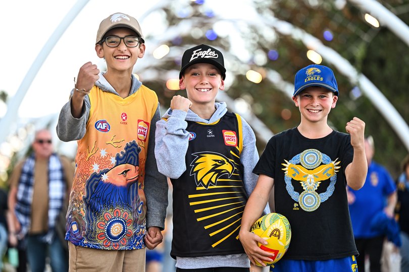 PERTH, AUSTRALIA - JUNE 01: Fans show support for their team during the 2025 AFL Round 12 match between the West Coast Eagles and the Geelong Cats at Optus Stadium on June 1, 2025 in Perth, Australia. (Photo by Daniel Carson/AFL Photos)