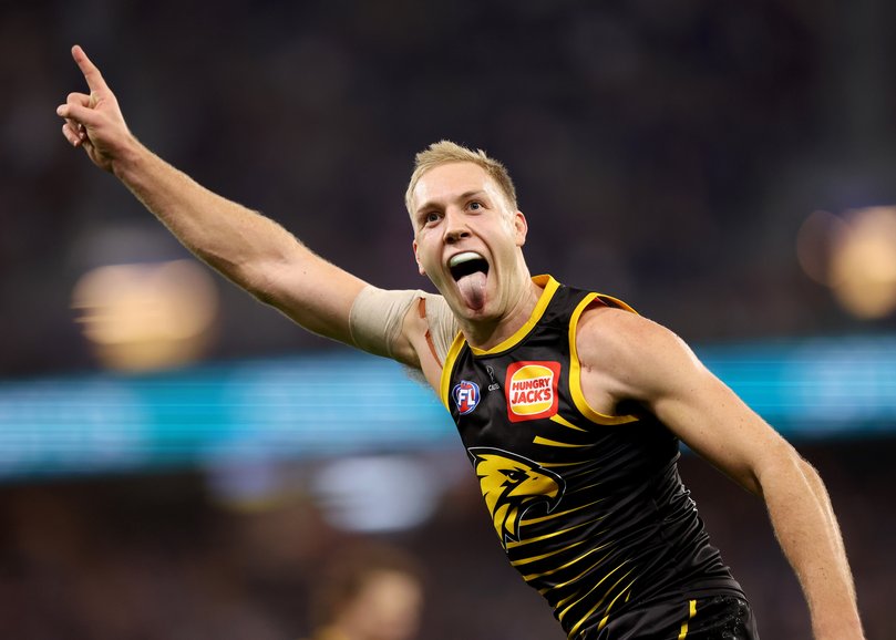 PERTH, AUSTRALIA - JUNE 01: Oscar Allen of the Eagles celebrates a goal during the 2025 AFL Round 12 match between the West Coast Eagles and the Geelong Cats at Optus Stadium on June 1, 2025 in Perth, Australia. (Photo by Janelle St Pierre/AFL Photos)