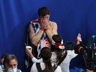 Tom Daley celebrates after winning gold in the Men's Synchronised 10m Platform Final at the Tokyo 2020 Olympic Games.