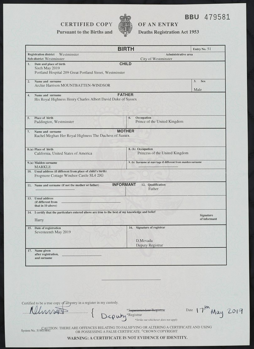 A copy of the birth certificate of Archie Harrison Mountbatten-Windsor, son of Britain's Prince Harry and Meghan, the Duchess of Sussex.