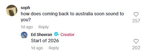 Ed Sheeran responds to a fan's plea to return to Australia.